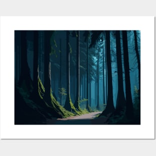 Dark forest road with trees and fog Posters and Art